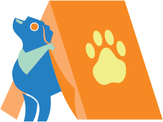 Camp Ivy illustrated logo, including blue dog and orange tent with yellow pawprint on the side